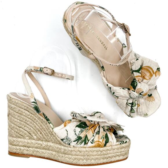 Loeffler Randal Peri Espadrilles Wedges Cream Floral Bow Sandals Sz 39 / 9 - Picture 1 of 10